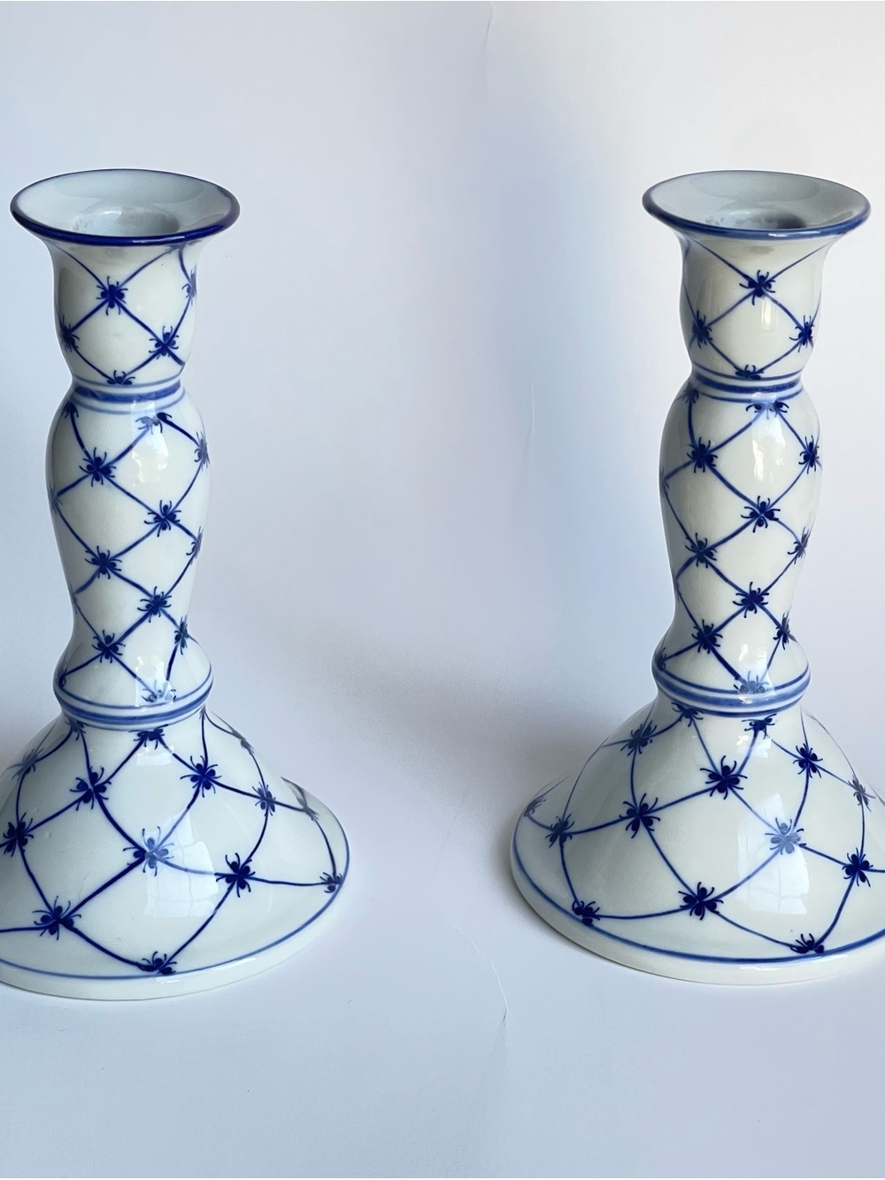 Vintage Blue and White Ceramic Candlesticks Pair Delft Style Cottagecore Decor